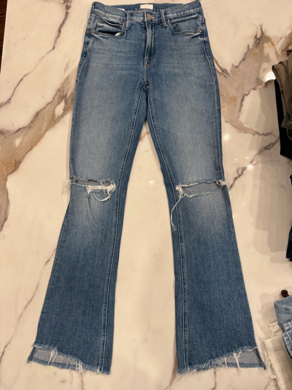 MOTHER Medium Blue Distressed Flare Jeans